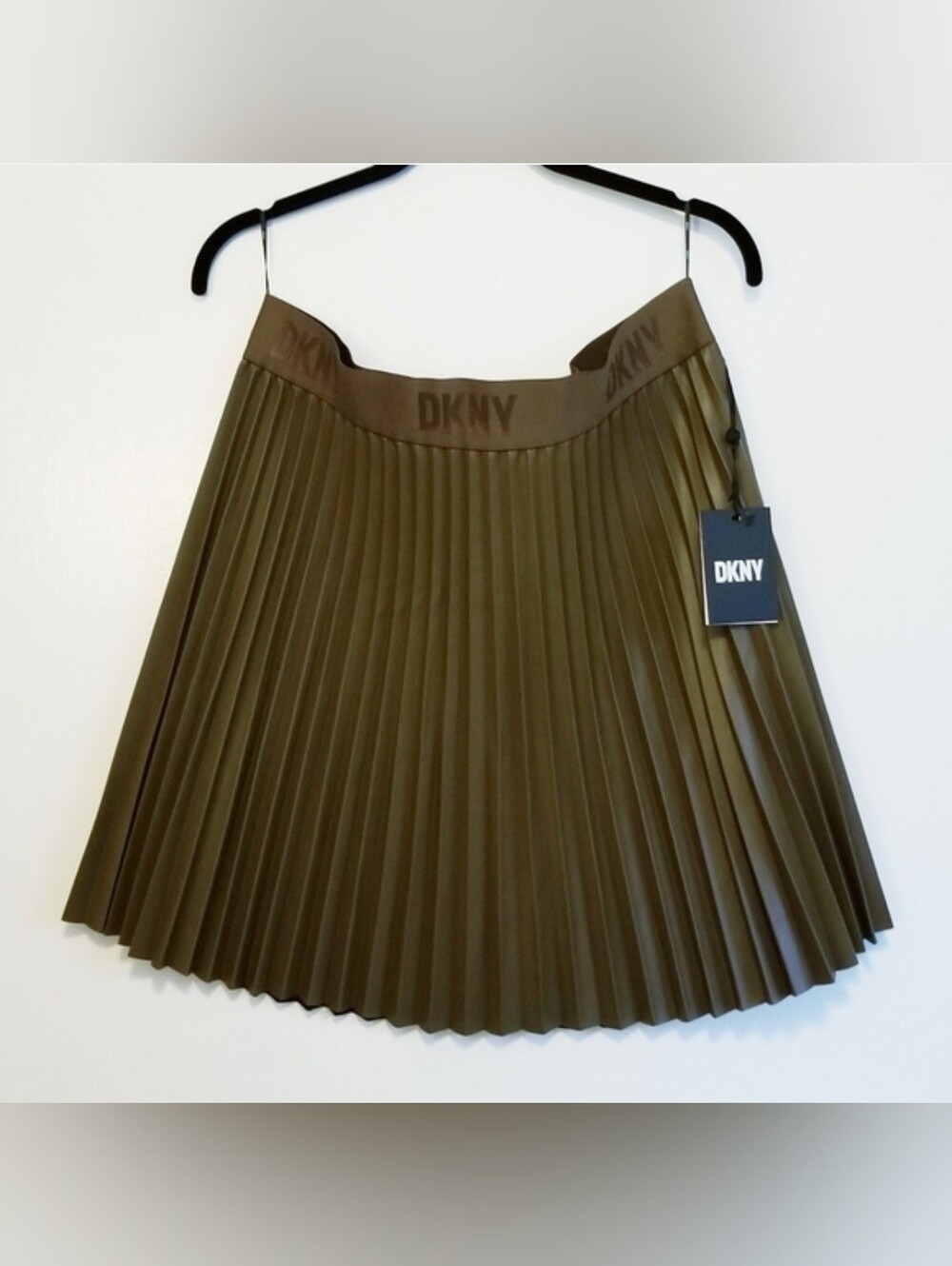 DKNY Faux Leather Pleated Accordion A-Line Skirt in Caper Color NWT